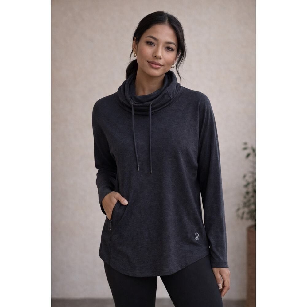 We Wander Performance Cowl Neck Pullover Top Hidden Zip Pocket Athleisure Travel